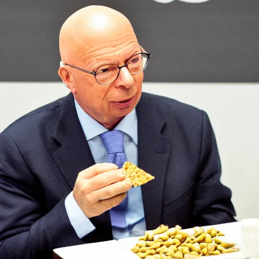 Prompt: a press photo of Klaus Schwab of the world economic forum eating bugs and other insects, horrible, 8k