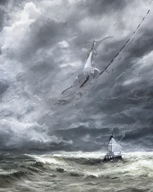 Prompt: establishing shot of a fishing boat on stormy seas, a gigantic star destroyer spaceship in the storm clouds flying overhead, star destroyer spaceship is emerging from storm clouds, stormy weather, dramatic lighting, unreal engine, hyper realism, realistic shading, cinematic composition, realistic render, octane render, detailed textures, photorealistic, ultrawide shot, 1 6 mm lens