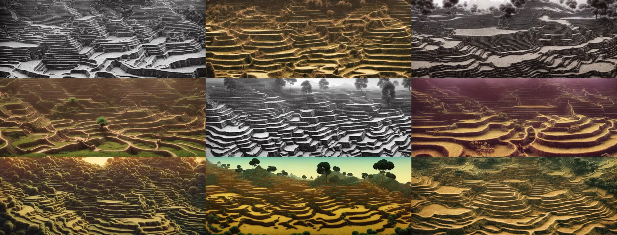 Image similar to dead trees has just sprouted!! terraced fields. chinese village. a gorgeous landscape painting by barlowe wayne maxfield parrish and marco mazzoni. very little snow on the dead tree. china waterwheel. the winding steps. ultra clear detailed. highly detailed, 3 d, octane render.