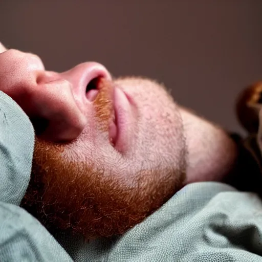 Prompt: a ginger man sleeping on his back, face closeup