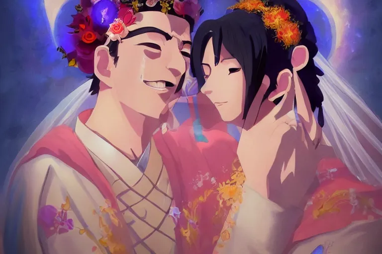 Image similar to a cinematic portrait of wedding photograph jpeg close up moment of a divine a japan sun god and moon goddess lovers magician at a wedding banquet. portraiture. digital painting. artstation. concept art. wedding photo. digital painting. naruto the movie art masterpiece by art by krenz cushart