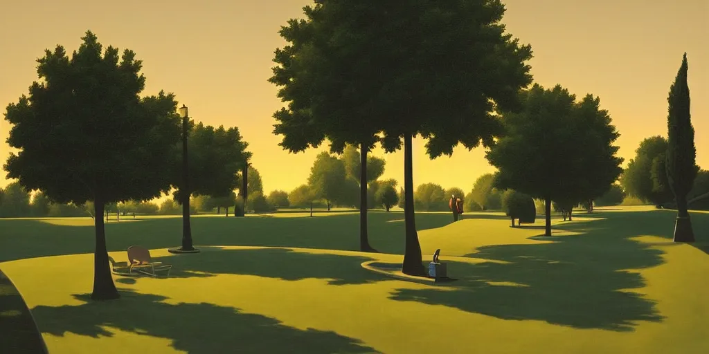 Prompt: the empty park, summer evening, kenton nelson