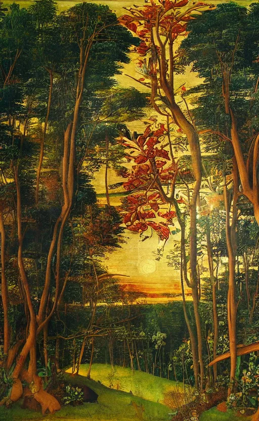 Image similar to mural depicting a beautiful sunrise over a lush forest during fall, in the style of sandro botticelli, caravaggio, albrecth durer