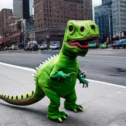 Prompt: a dinosaur staring at a person in a dinosaur costume, in the middle of a road in new york.