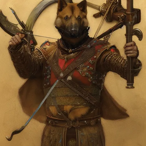 Image similar to anthropomorphic shiba inu, holding medieval crossbow aiming directly to camera, medieval armor, dark aura, fantasy, dark graveyard scene, portrait art by donato giancola and greg rutkowski, realistic face, digital art, trending on artstation, symmetry