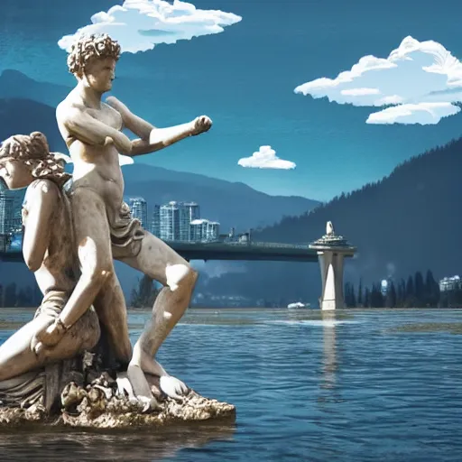 Prompt: roman statue with anime boyfriend on canoe in flooded vancouver ruins, foreshortening photography, ghibli style, cinematic