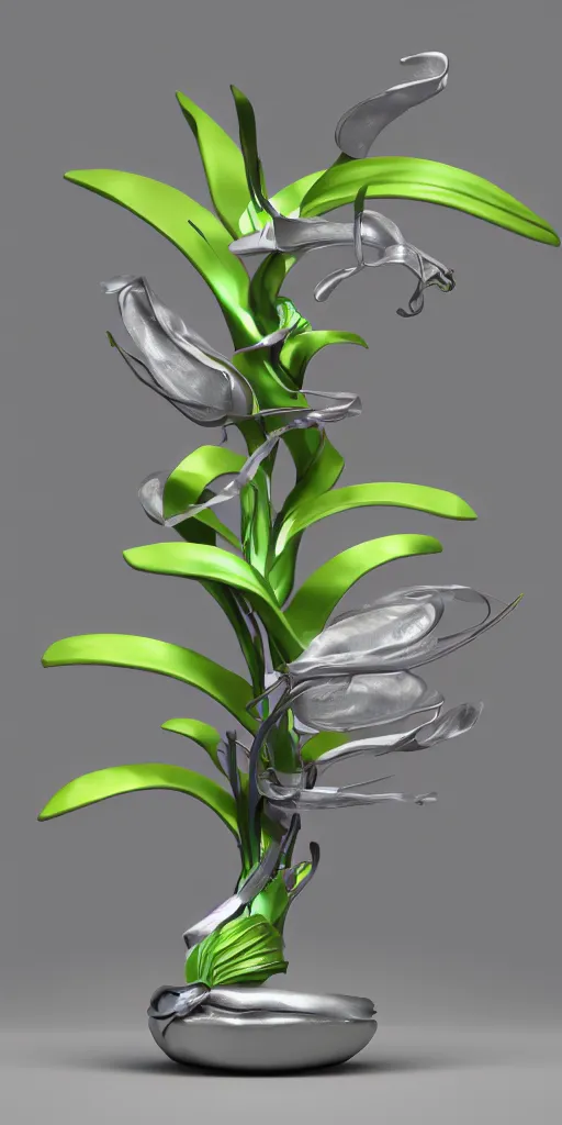 Image similar to 3 d render of an orchid sculpture, chrometype, liquid metal, neotribal, raytraced, volumetric lightning, 8 k, innate studio