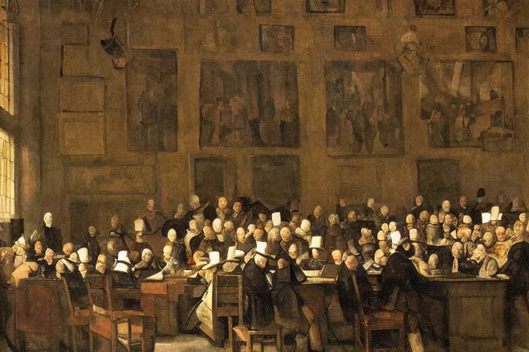 Prompt: beautiful digital painting of a trial in the international court of justice in the hague, by rembrandt and bartholomeus van der helst and paul cezanne, mix of styles, abstract, golden ratio, realism, masterpiece, highly detailed, intricate