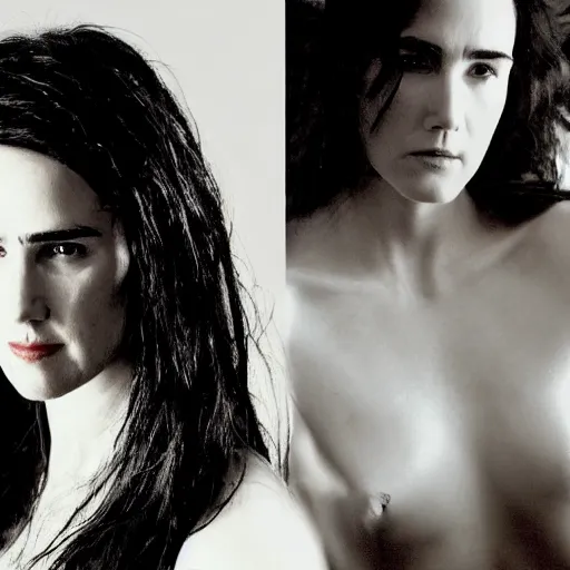 Prompt: photo of Jennifer Connelly, with a cyberpunk white robotic body, white background, fine art photography in the style of Bill Henson