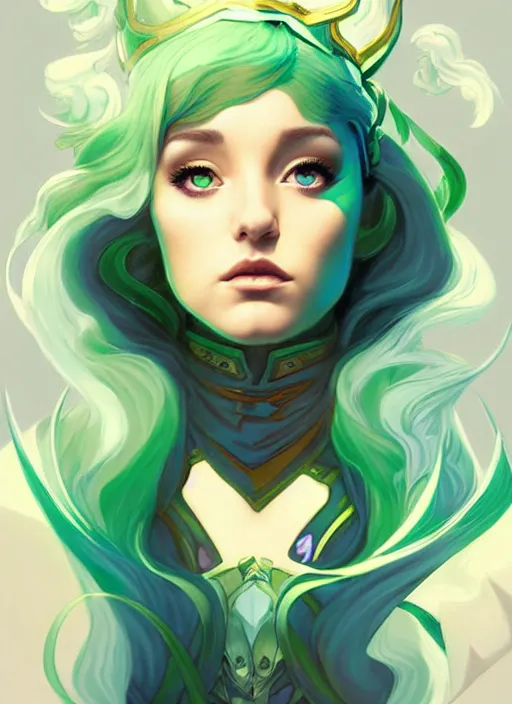 Image similar to style artgerm, joshua middleton, illustration, ariana grande as a high priestess wearing green pelt light armor, anime eyes, blue hair, swirling water cosmos, fantasy, dnd, cinematic lighting