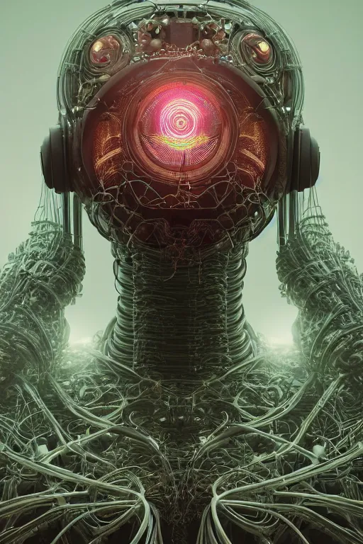 Image similar to a centered render of an alien bio - organic landscape adorned with cables and synthesizer parts is surrounded by sacred geometry, bio - mech face, powerful, cinematic, beautifully lit, by artgerm, by h. r. giger, 3 d, trending on artstation, octane render, 8 k