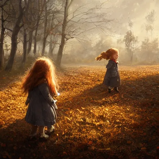 Prompt: 5 year old girl with long ginger hair. 2 year old girl with light brown hair. windy autumn day. warm atmospheric lighting. matte painting by greg rutkowski.
