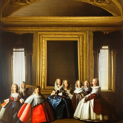 Image similar to super quality family portrait in the main room of the castle painted in 1 6 5 6, dark room, one point of light coming through the window inspired by las meninas, clear spaces between each subject and good detail and realistic eyes, faces for each person in the canva, inspired by diego velasquez baroque style