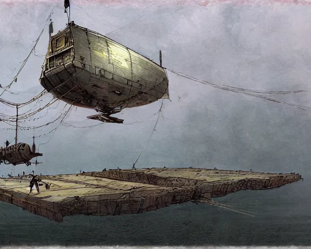 Image similar to Airship tied up to a floating dock, by Ian McQue