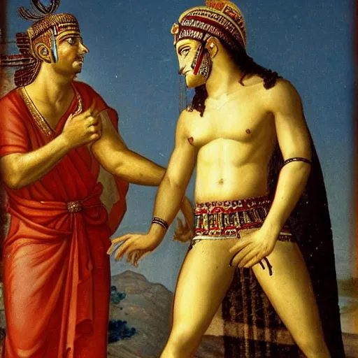 Prompt: an egiptian godess faces a greek god