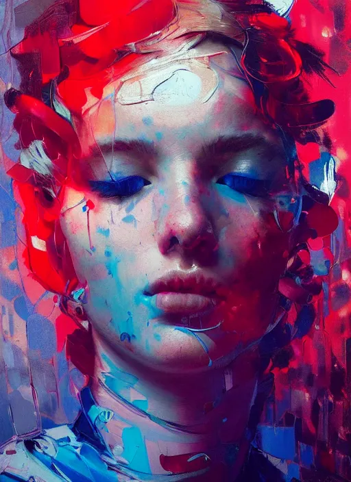 Image similar to portrait of beautiful girl, ecstatic, wonderful techno party, eyes closed, shades of red and blue, beautiful face, rule of thirds, intricate outfit, spotlight, by greg rutkowski, by jeremy mann, by francoise nielly, by van gogh, digital painting