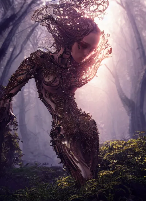 Image similar to sumptuous biomechanical masterpiece incredible hair, crystalline incrustations, hyperdetailed face, elegant pose, movie still, intricate, octane render, cinematic forest lighting, cgsociety, unreal engine, crepuscular rays, god rays