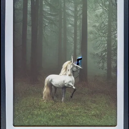 Image similar to wounded young unicorn in a foggy forest, polaroid photography in style of andrey tarkovski, spiritual, mystical, sublime