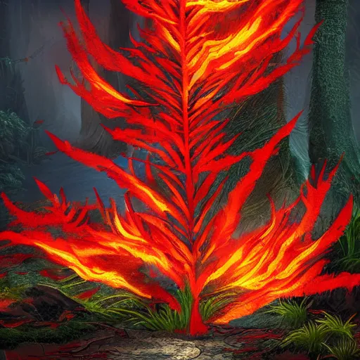 Image similar to A flaming forest , flaming leaves,Magma,flame stones are scattered, flame ferns, flame shrubs, huge flame Fantasy plant,covered in flame porcelain vine,artstation