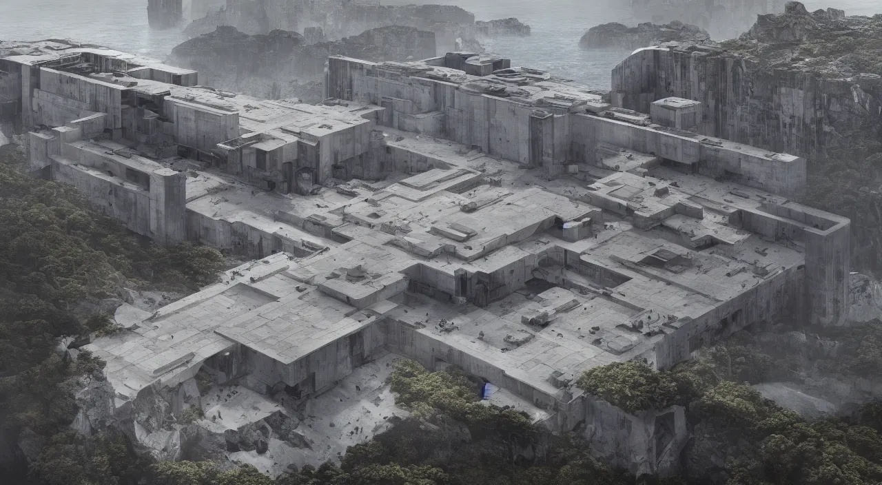 Image similar to big brutalist imperial military base on cliffs, drawing architecture, very long shot, imperial architecture in rogue one, pritzker architecture prize, brutalism architecture, jan urschel