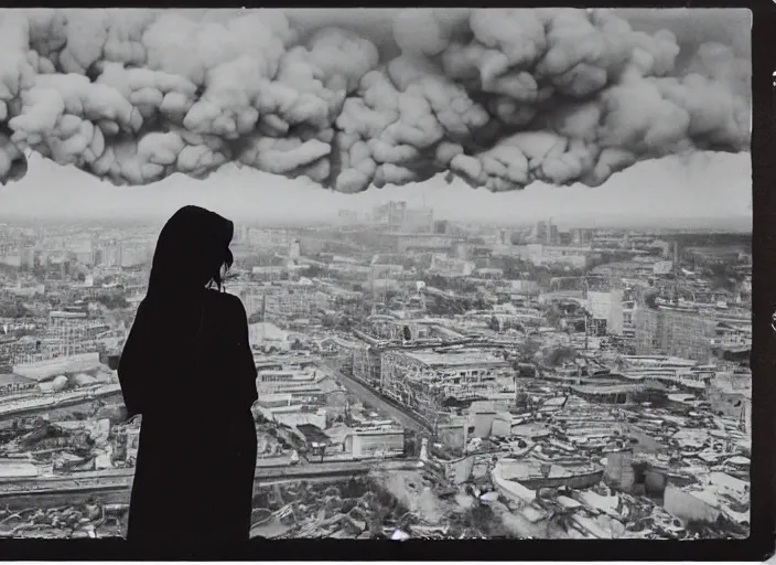 Image similar to mysterious sad girl wrapped in smoke observing a big industrial city metropoli in the distance, cloudy sky, polaroid artistic photo