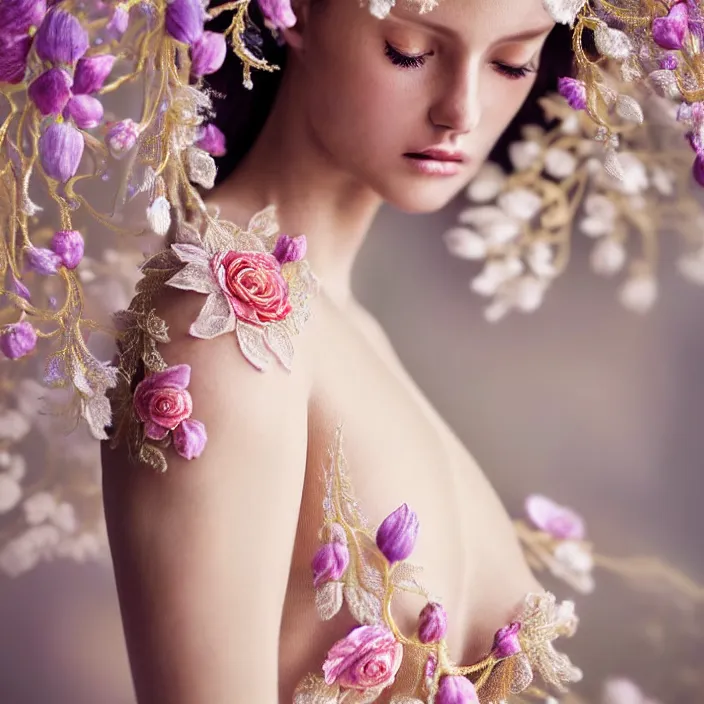 Image similar to photo portrait of a beautiful woman dressed in long elegant intricate ornamental ethereal floral dress, natural skin tone, highly detailed realistic flowers ornament in the upper side of breast, bust with a long beautiful neck , long blond hair are intricate with highly detailed realistic flowers, elegant, Realistic, Refined, Highly Detailed, natural outdoor soft pastel lighting colors scheme, outdoor fine art photography by la Chapelle, volumetric lighting, hyper realistic photography