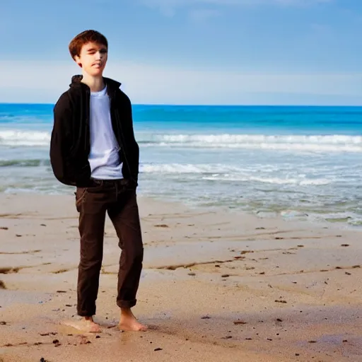 Prompt: beautiful teenage boy with pale skin amd natural brown hair is digging in the sand on a beach. Blue sky. Detailed face. Photo 8K.