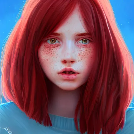 Image similar to portrait of a teen girl with freckles with long red hair and bright brown eyes, 8 k, highly detailed, digital painting, artstation, sharp focus, illustration