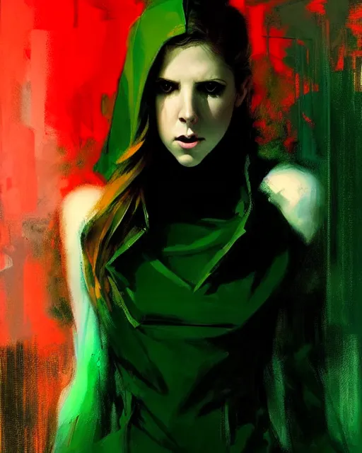 Prompt: Jeremy Mann art, artgerm, cgsociety, cinematics lighting, beautiful Anna Kendrick supervillain, green dress with a black hood, angry, symmetrical face, Symmetrical eyes, full body, flying in the air over city, night time, red mood in background