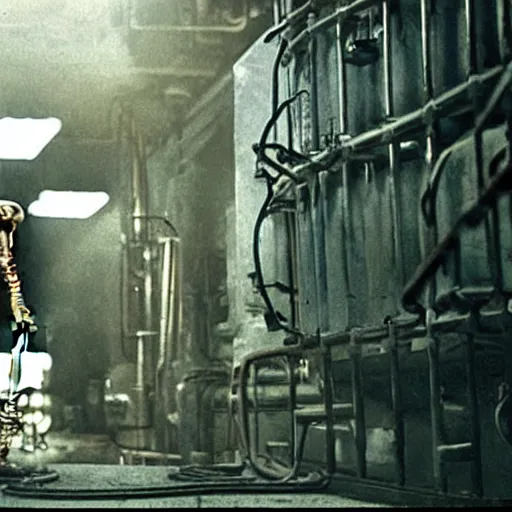 Image similar to a skeleton working in a distillery. still from blade runner