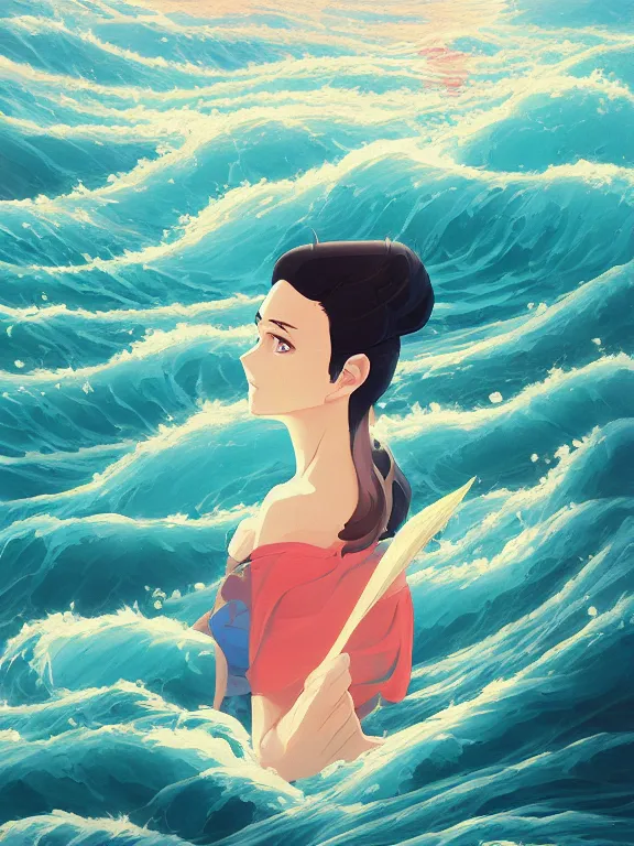 Prompt: Classical oil painting of the ocean waves, beautiful portrait, official anime artwork, stylistic, brush strokes, oil, canvas, by James Gilleard