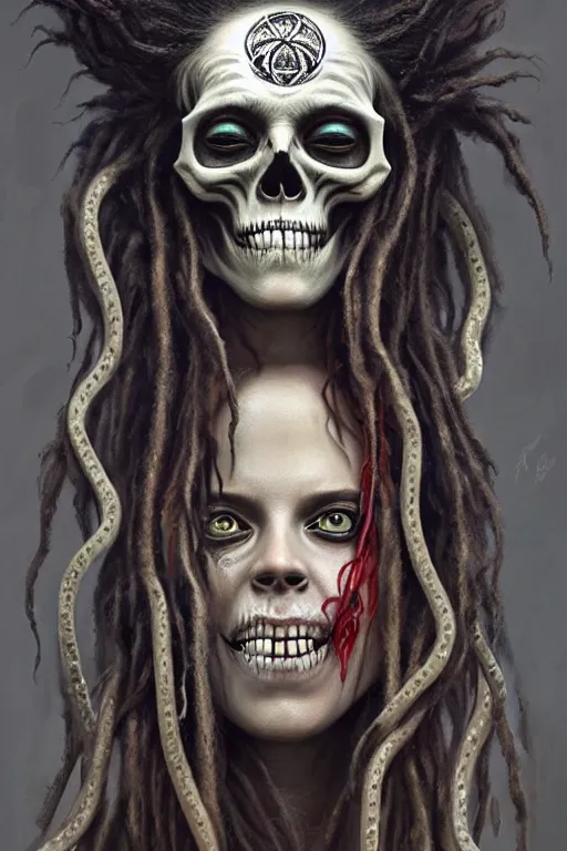 Image similar to evil angels that look like hippies with dreadlocks dancing with snakes, fantasy, face with skull mask, long hair, intricate, elegant, highly detailed, digital painting, artstation, concept art, smooth, sharp focus, illustration, art by artgerm and greg rutkowski and aleister crowley