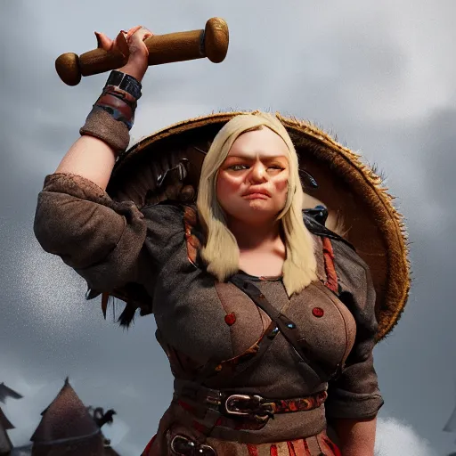 Prompt: a handsome corpulent viking girl with blond hair, clash royal style characters, unreal engine 5, octane render, detailed, cinematografic, cinema 4 d