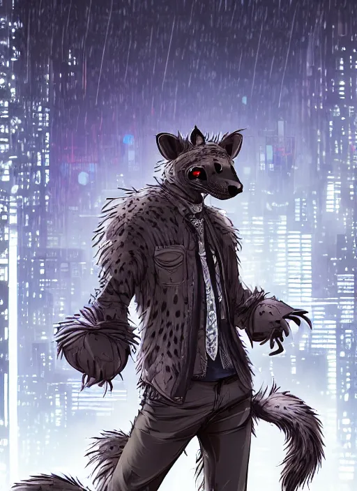 Prompt: character portrait of a male anthro hyena fursona with a tail and a cute beautiful attractive detailed furry face wearing stylish cyberpunk clothes in a cyberpunk city at night while it rains. color page, tankoban, 4K, tone mapping. By Nomax, Kenket, Rukis. comic book style, photorealistic, professional lighting, hyperdetailed, high resolution, high quality, dramatic, deviantart, artstation, 4k, real photo