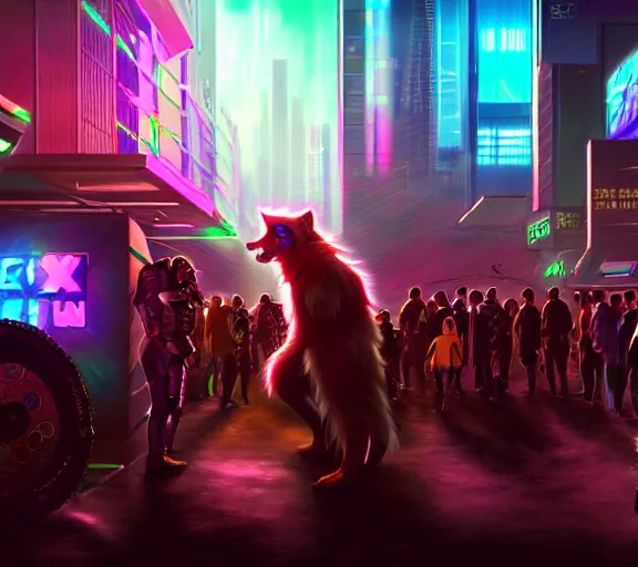 Image similar to high - resolution photograph from a cyberpunk era furry fandom convention ( midwest furfest 2 0 4 7 ), taking place after the genetic revolution and quantum singularity. photorealistic.