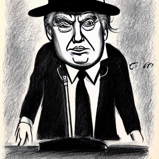 Prompt: a caricature drawing by Mort Druker of Donald Trump