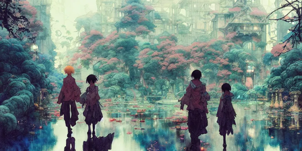 Image similar to anime movie scene, characters walk, waterway, fantasy. intricate, amazing composition, colorful watercolor, reflections, by ruan jia, by maxfield parrish, by koji morimoto, by hikari shimoda, by sparth, by zhang kechun, illustration, gloomy