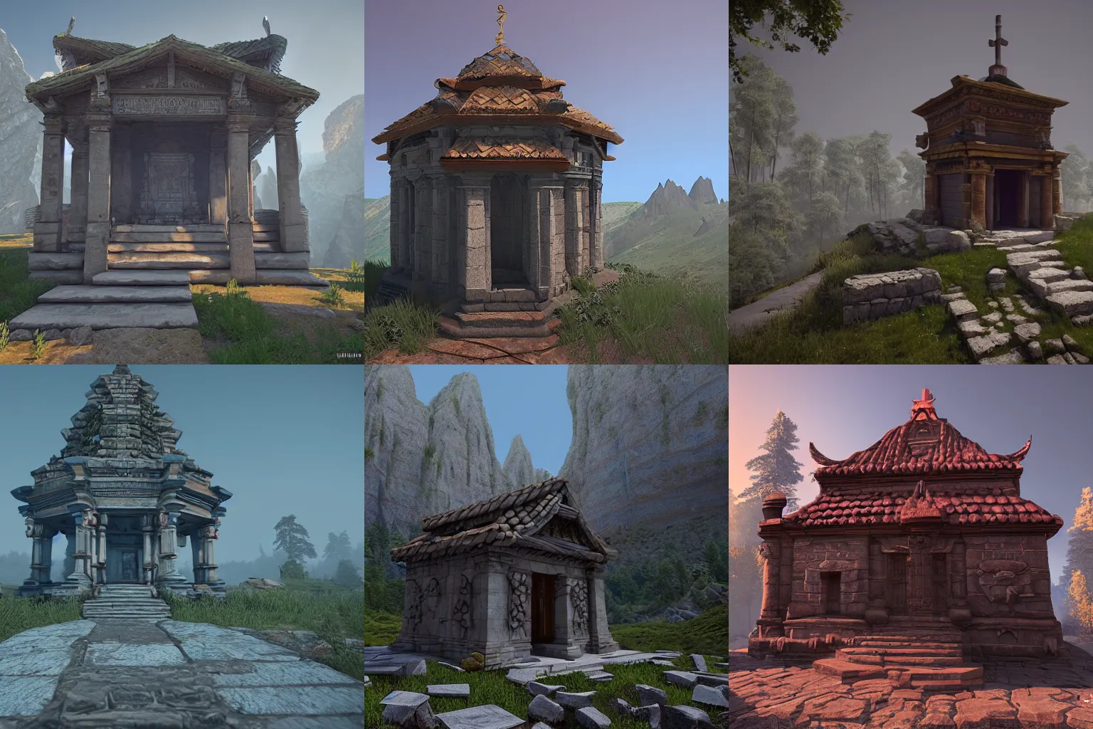 Prompt: Old Slavic temple in the mountain, rendered in Unreal Engine 4, by Dmitriy Samovskiy