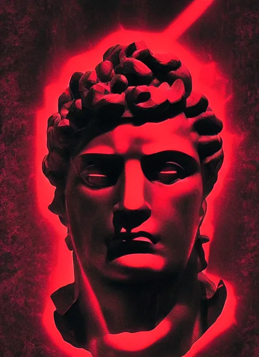 Image similar to dark design poster showing a close up of a statue of hercules, black background with very subtle red and purple design elements, powerful, nekro, vito acconci, thin straight lines, dark, glitch art, neo vaporwave, gritty, layout frame, square, extremly detailed, trending on artstation