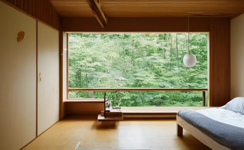 Prompt: interior of a small minimalist bedroom, japanese style, bed, cupboards, bamboo wood, pine wood, white, bright, green, windows with a view of a green park, natural materials, 8 k