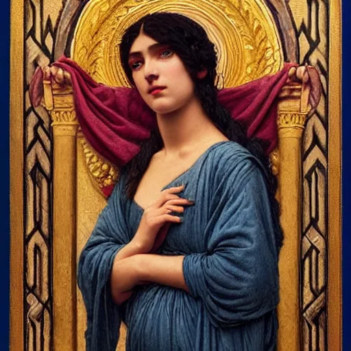 Image similar to the night crown, by John William Godward and Annie Swynnerton, embroidered robes, starry tattoos, elaborate costume, geometric ornament, symbolist, soft colors, dramatic lighting, smooth, sharp focus, extremely detailed