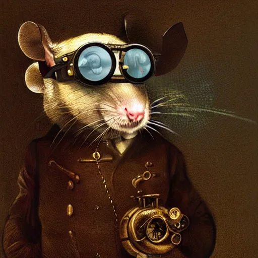 Image similar to a rat with steampunk googles, by John Martin