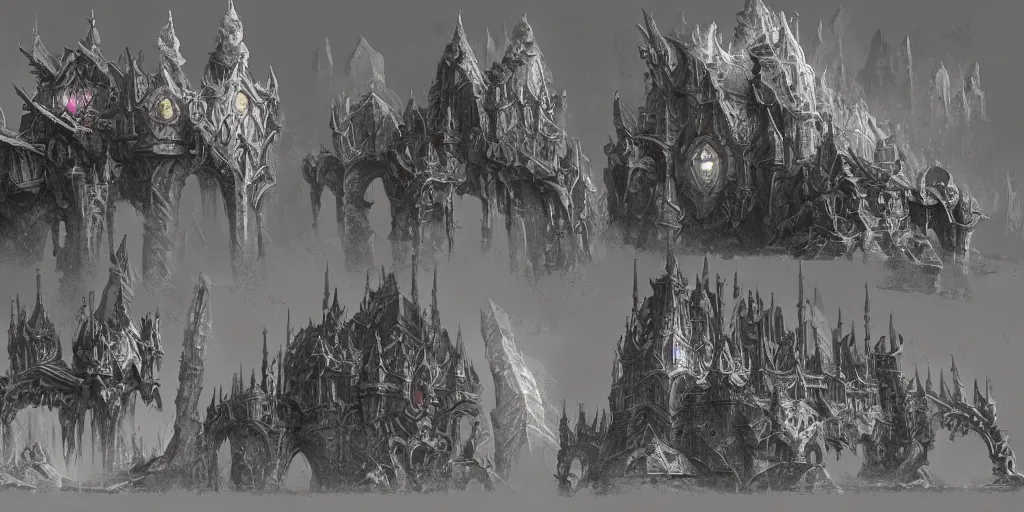 Image similar to a set of fantasy architectural concepts, drawn by yoshitaka aman, world of warcraft, dungeons and dragons, concept art, detailed painting.