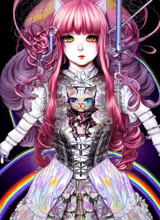 Prompt: highly detailed terada katsuya artstation artgerm manga poster of cat girl mechine, rainbow gradient reflection, ayami kojima, long hair, armor, dress, laces, ruffles, 8 k, maximalist, takato yamamoto