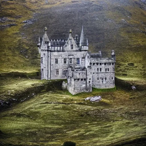 Image similar to haunted castle in the scottish highlands, highly detailed photography, sharp, crisp, ominous, spooky, macabre