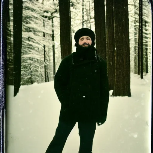 Image similar to vintage polaroid photograph of a man wearing black winter clothes and a black beanie in a snowy forest, standing next to a car