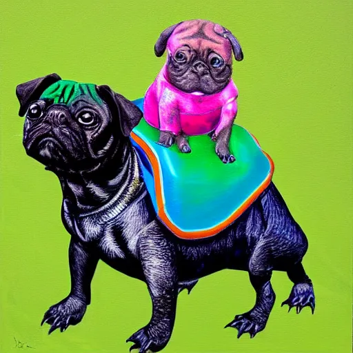 Prompt: a painting of a turtle riding a black pug, colourful, digital art