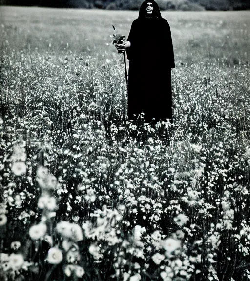 Prompt: mystical black death god standing in tall meadow of flowers, distant, vintage film photo, grainy, high detail, high resolution