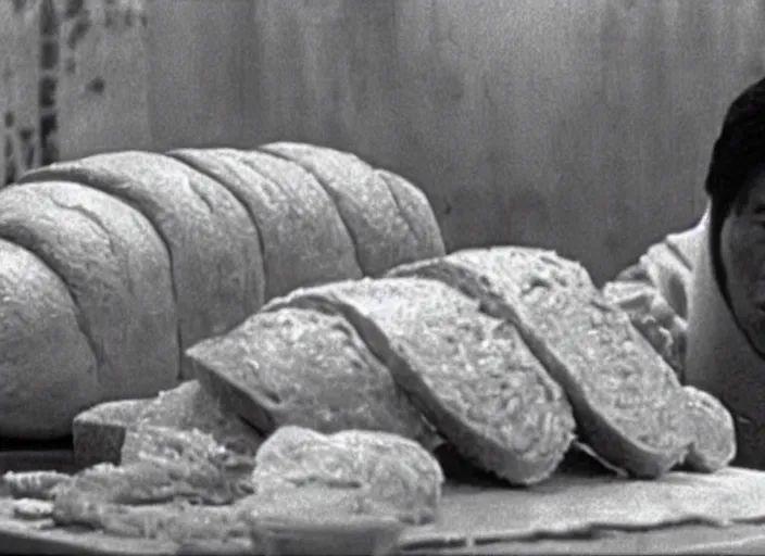 Image similar to a movie still of a samurai slicing through a loaf of bread, a movie by Akira Kurosawa