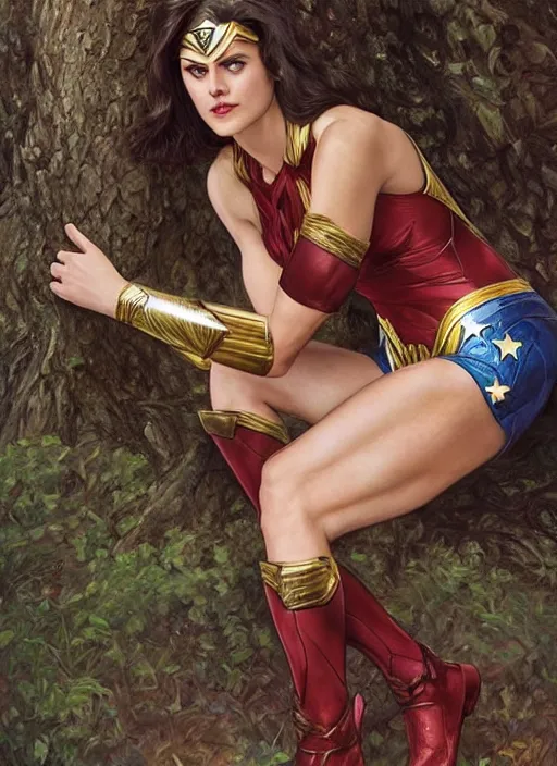 Image similar to Alexandra Daddario as Wonder women, taking a rest under tree after an long adventure, a ruggedly muscled handsome heroine, intricate, elegant, highly detailed, centered, digital painting, artstation, concept art, smooth, sharp focus, illustration, artgerm, donato giancola, Joseph Christian Leyendecker, WLOP, Artgerm, thunder storm